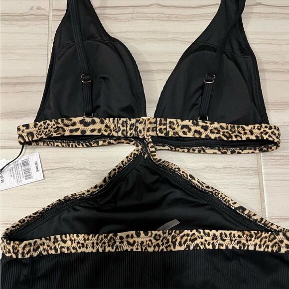 Leopard Print Contrast Trim Stretch Plunged Cut Out One-Piece Swimsuit XL NWT - Picture 7 of 9
